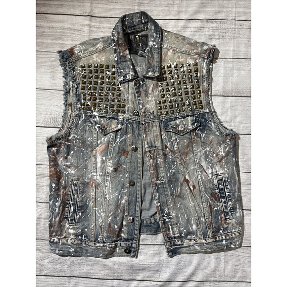 Ecko Unlimited Other - Y2k Ecko Unlimited Trucker Denim Vest Moto 90s Paint Splatter Grunge